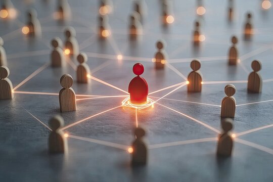 Centralized network of people.  A red figure at the center of a network, connected to many other figures