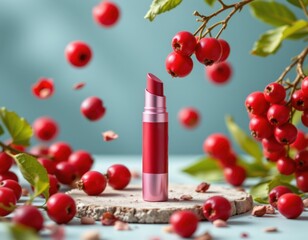 nature inspired lip balm advertisement scene with floating berry clusters, glossy bottle, elegant composition, berry red tones, crisp textures, product spotlight effect