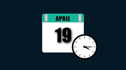 Animated calendar displaying april 19th with clock showing time on a dark background