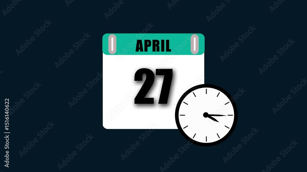 Poster april 27th calendar date displayed alongside a clock on a deep blue background