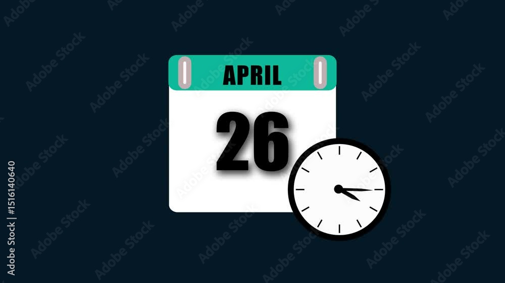 Poster calendar displaying april 26 alongside a clock face depicting the time of day