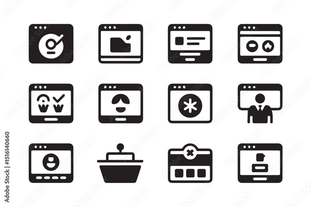 Poster a collection of sixteen diverse web interface icons, depicting various actions and functionalities.
