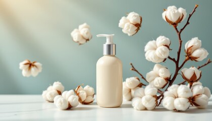 nature inspired baby lotion advertisement scene with floating cotton tufts, glossy bottle, elegant composition, soft pastel tones, crisp textures, product spotlight effect
