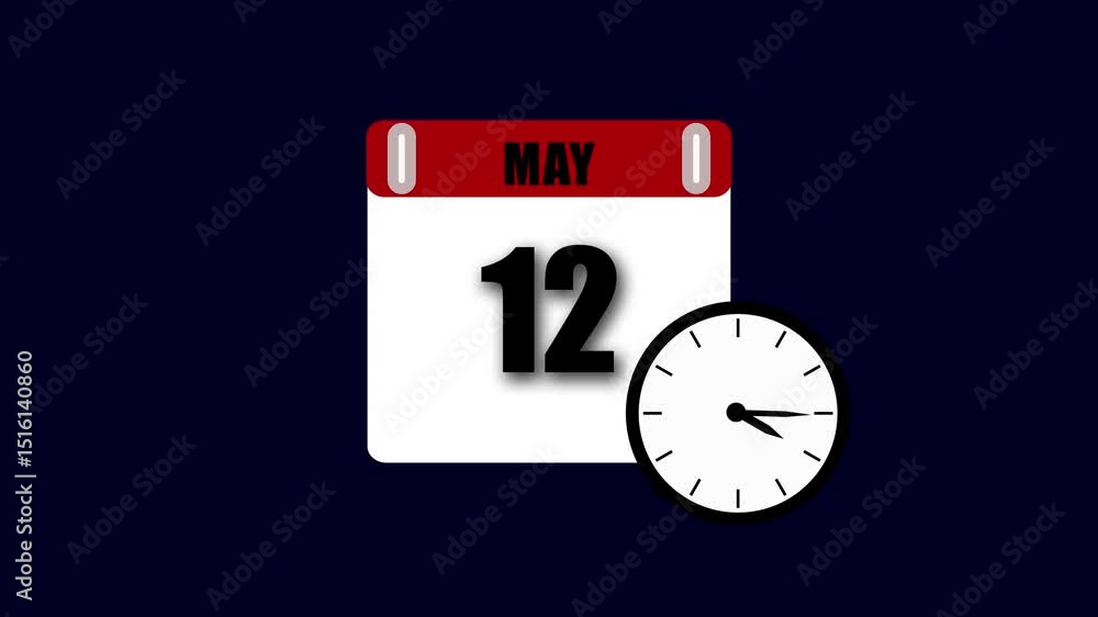 Aufkleber animated calendar displaying may 12th date with analog clock on dark background