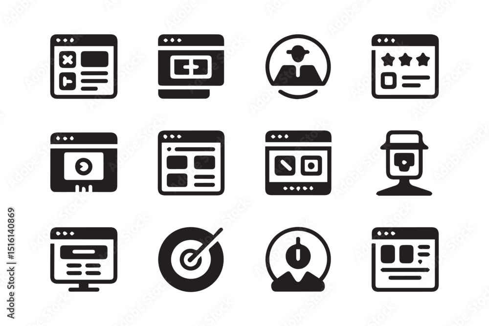 Poster collection of website and webpage interface icons in black and white