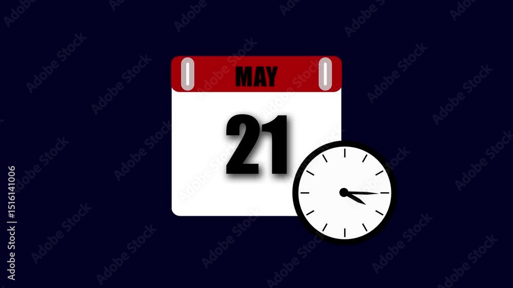 Poster calendar displaying may 21st and a clock indicating the specific time on a dark blue backdrop