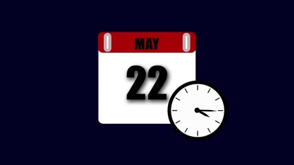Calendar and clock illustrating the date may 22 on a deep blue background
