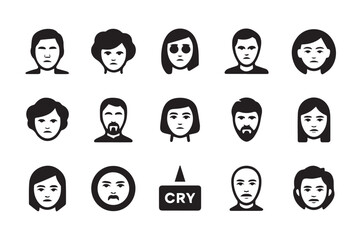 A collection of diverse facial expressions, depicting various emotions and moods through different hairstyles and genders