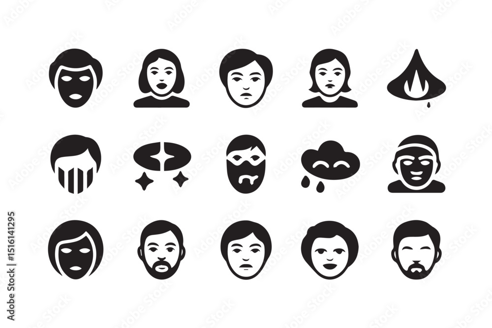 Poster a diverse set of face icons depicting various emotions and appearances, suitable for user interface 