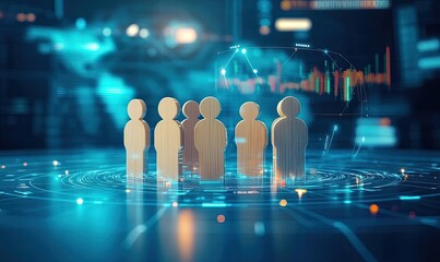 Wooden figures stand in a circle on a digital platform, surrounded by a global network and financial data overlay