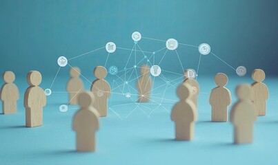Wooden figures connected by a network of lines and icons, representing a group of people interacting and sharing information