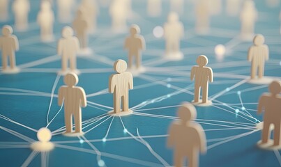 A network of interconnected people.  Small wooden figures, representing individuals, are linked by a web of glowing connections