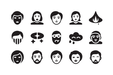 A diverse set of face icons depicting various emotions and appearances, suitable for user interface design or mobile apps