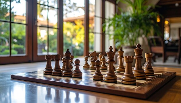 Chess game by sunlit window.