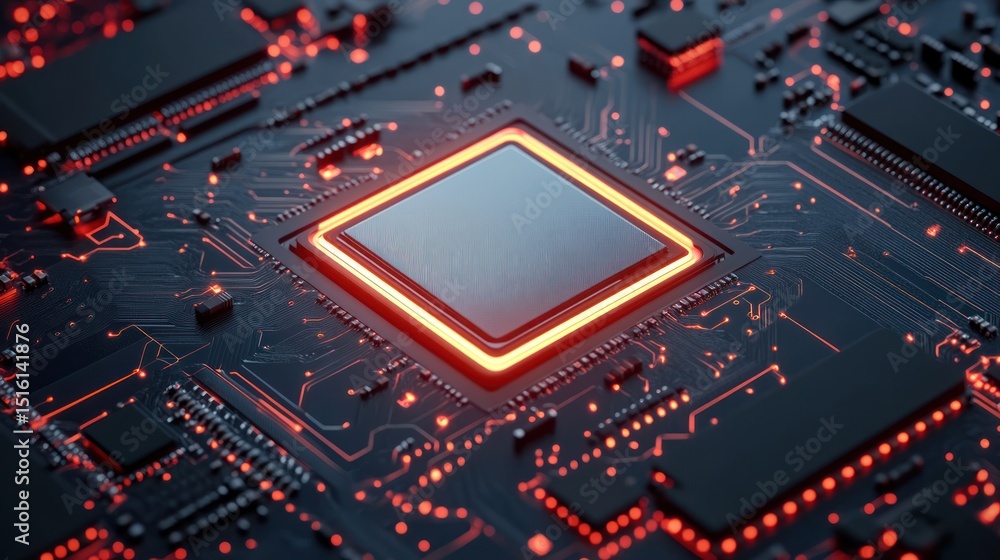 Poster close-up of circuit board with glowing chip for technology concepts