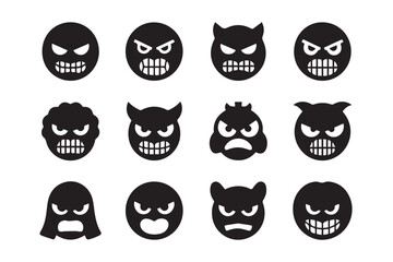 A collection of twelve diverse emoticon illustrations depicting various angry and evil expressions