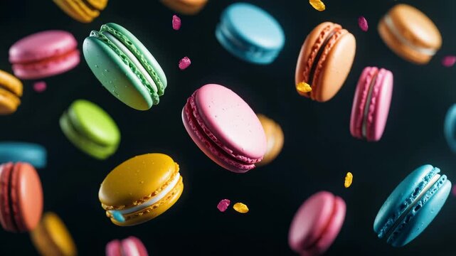 Colorful macarons float gracefully through the air, showcasing a variety of flavors and textures against a black background