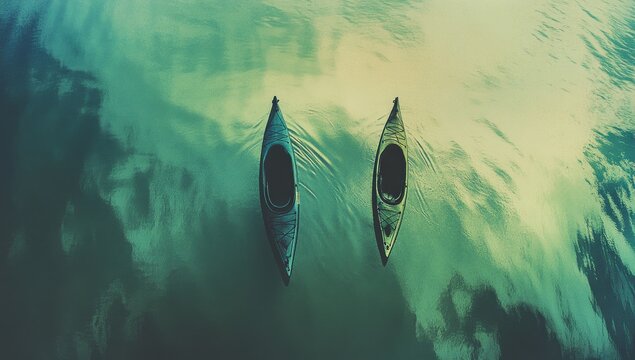Two kayaks on a tranquil lake