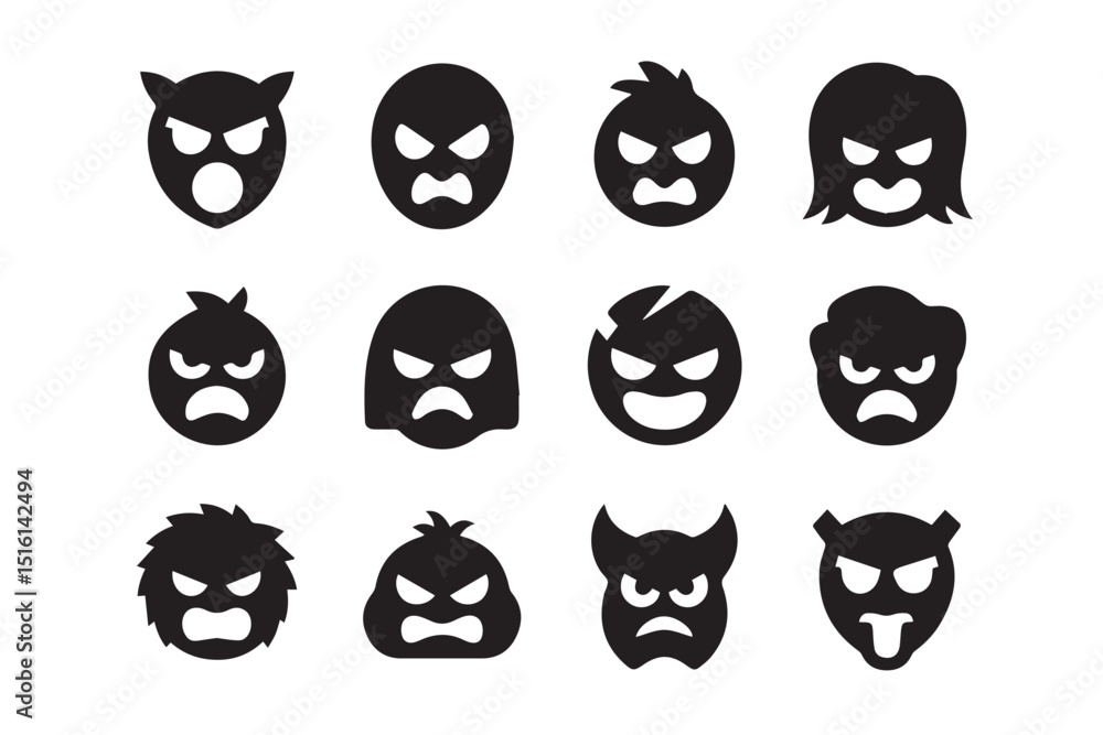 Poster a collection of twelve diverse angry face icons, each displaying a unique expression and style.