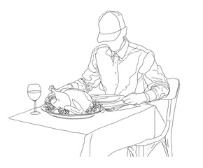 Enjoying a festive meal with turkey and wine at dinner table, cut out transparent