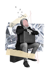 Creative psychedelic poster banner collage of lost elderly person with blank empty space feel lost...