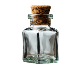 Glass bottle with cork stopper for decorative and functional uses, cut out transparent