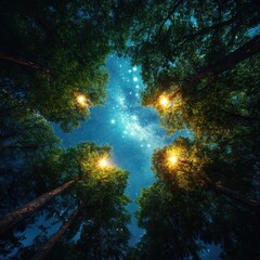 Fototapeta premium Starry night sky above lush forest astrophotography scene tranquil nature unique perspective dreamy atmosphere