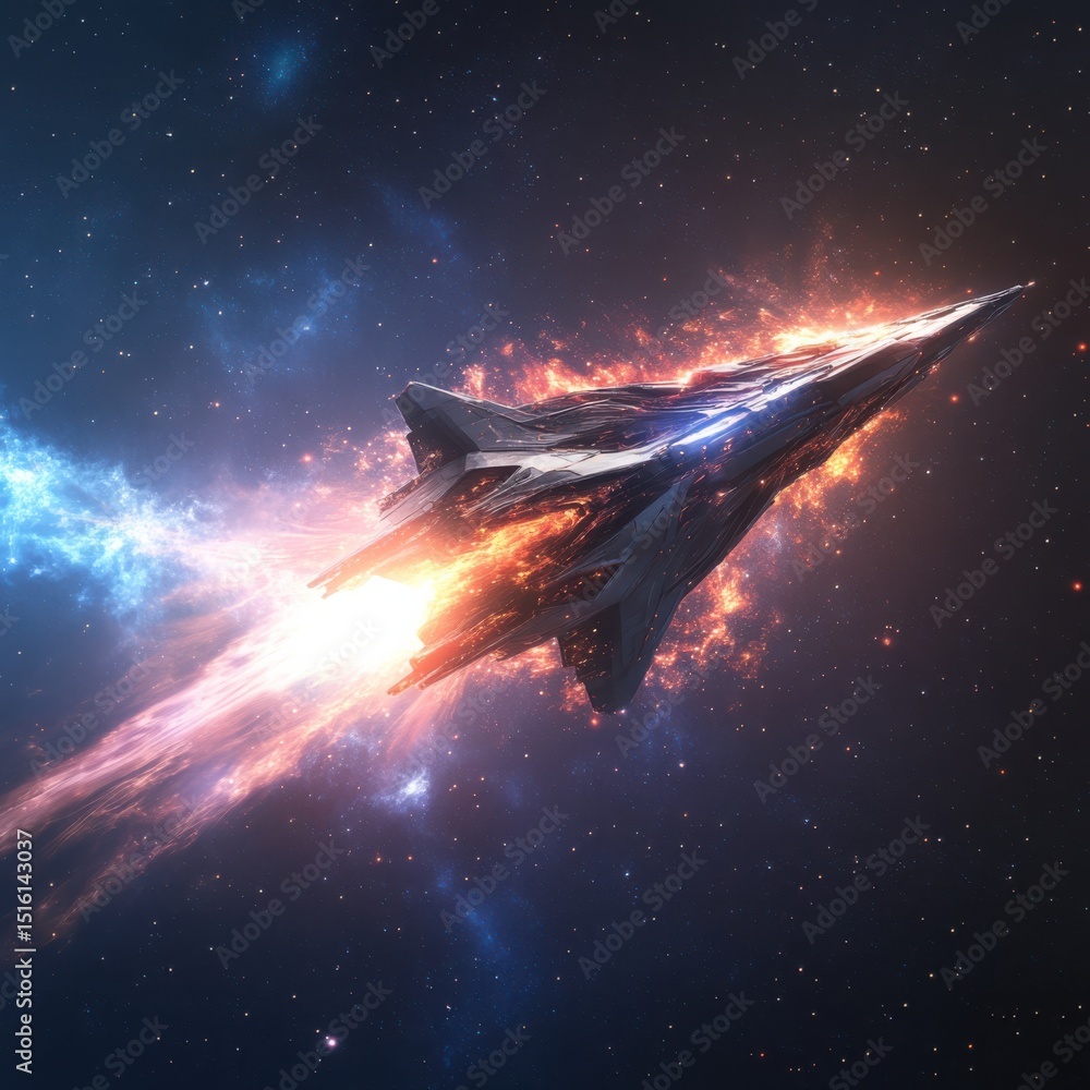 Poster futuristic spacecraft in cosmic flight outer space digital art sci-fi environment dynamic viewpoint 