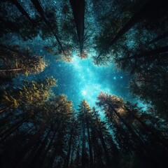 Fototapeta premium Stargazing under the canopy enchanted forest night photography serene environment upward view cosmic wonder