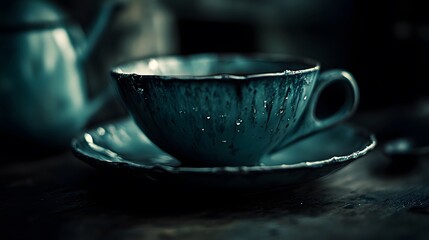 Fototapeta premium Moody Teal Teacup and Saucer Still Life Photography