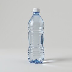 single plastic water bottle on a white background, in a refined style, with sharp details, minimal reflection, studio glow, high resolution