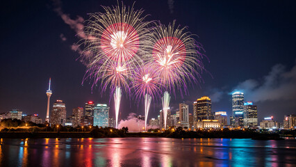 Dazzling Fireworks Illuminate Oklahoma City Skyline at Night, Perfect for Marketing Campaigns and Travel Promotions