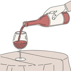 Hand pouring red wine from bottle into glass. Sketch illustration.