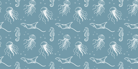 Seamless ocean life pattern with sea fish, crabs, jellyfish, shells and stars. Hand drawn marine elements on blue background for fabric, packaging.