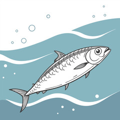Sardine fish on a blue sea background. Simple illustration of sardine. Sketch illustration.