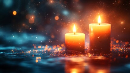 Glowing embrace: serene candles against a backdrop of cosmic serenity and bokeh lights