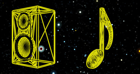 cartoon yellow Speaker and note, Sound, Music Elements footage for background. Glowing stars in space, Love of music, cosmic sounds, concept