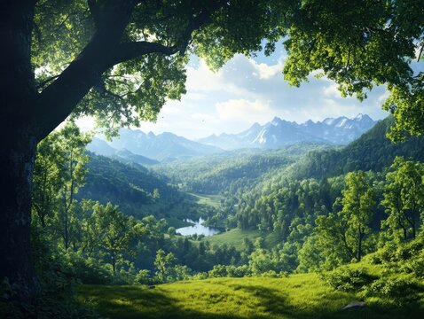 Exploring scenic mountainous terrain lush green valley nature landscape vibrant environment panoramic view serenity concept