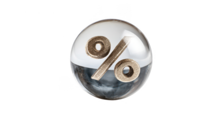 Golden percentage symbol floating within a transparent crystal ball, symbolizing predictions of future interest rates against a clear background, capturing the essence of financial forecasting