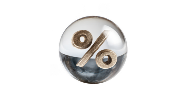 Golden percentage symbol floating within a transparent crystal ball, symbolizing predictions of future interest rates against a clear background, capturing the essence of financial forecasting - Powered by Adobe