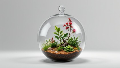 detailed glass terrarium in a 3d style on a white background, with realistic textures, soft shadows, studio lighting, high resolution