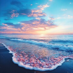 Sunset waves rolling on serene beach coastal paradise nature scene tranquil shoreline peaceful atmosphere