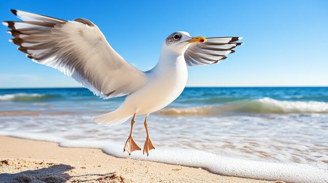 Seagull with outstretched wings standing on sandy beach near the ocean under clear blue sky - Powered by Adobe