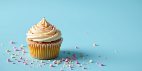 delicate cupcake positioned in the top left corner on a powder blue background, in a minimalist food photography style, with feathered glow, spacious composition, high resolution