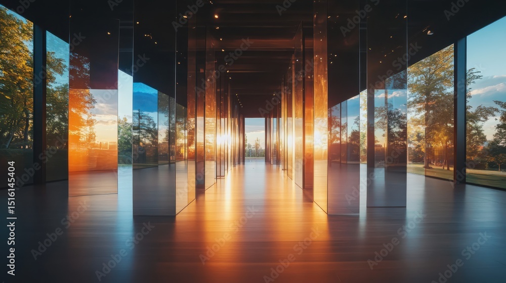 Poster sunset reflection hall modern architecture glass structure serene environment wide angle view contem