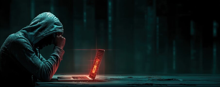 Frustrated hacker angrily stares at the screen, failing to breach the strong security system