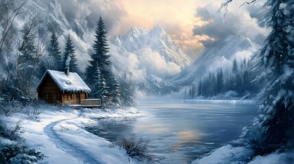 A small cabin by a frozen lake under a cloudy sky