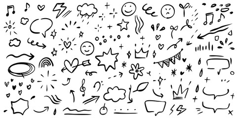 Line marker hand drawn brush arrow element set. Sketch pencil stroke vector graphic pen underline scribble icon. Hand drawn line heart, crown, star symbol highlight marker shape. Vector illustration