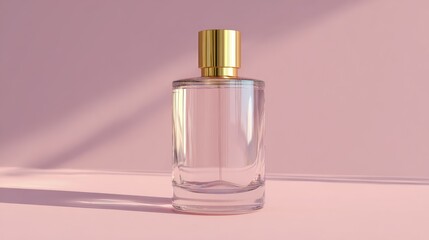 Naklejka premium Elegant Glass Perfume Bottle with Golden Cap on Soft Pink Background
