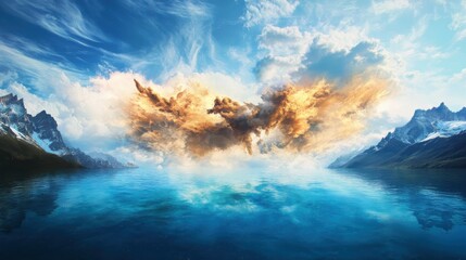 Naklejka premium Majestic cloud formation reflecting in serene lake nature scene outdoor scenic view tranquility